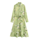Women's clothing 2024 new fashion European and American style retro simple printed lapel single-breasted slim flower dress